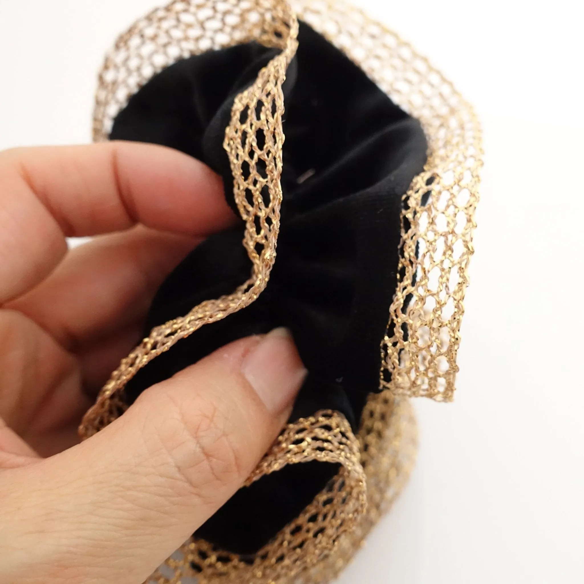 golden mesh trim velvet scrunchies dazzle decorated hair elastic scrunchy