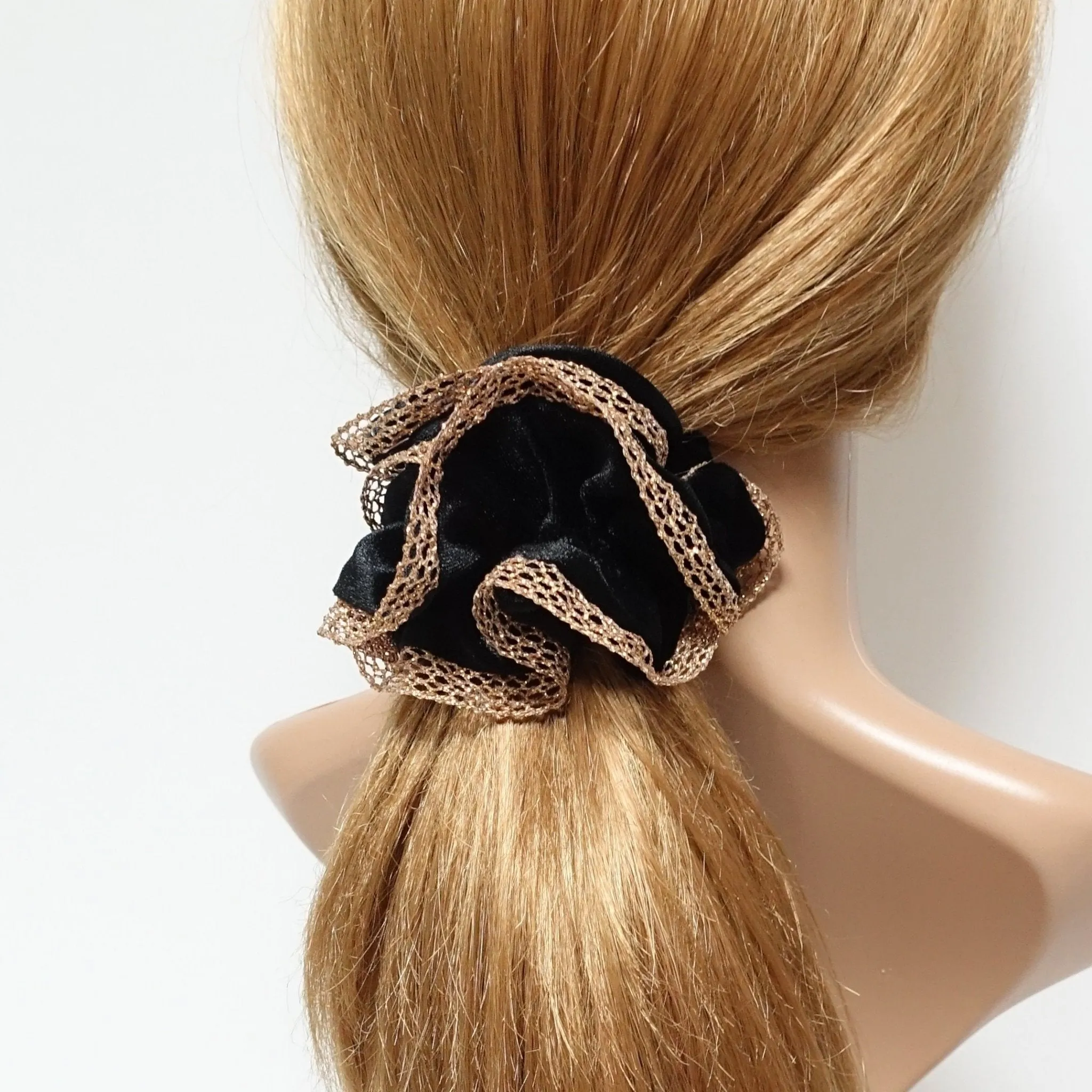 golden mesh trim velvet scrunchies dazzle decorated hair elastic scrunchy