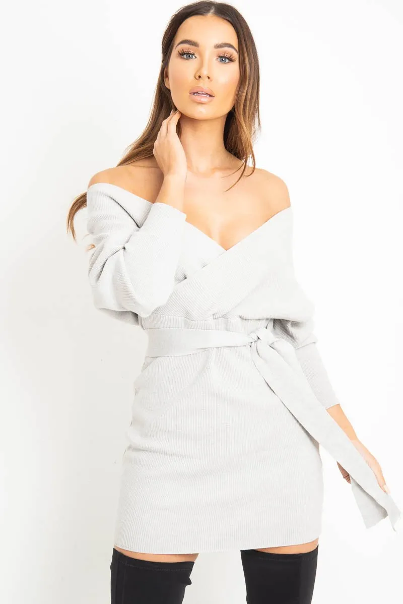 Grey Rib Belted Plunge Jumper Dress - Ember