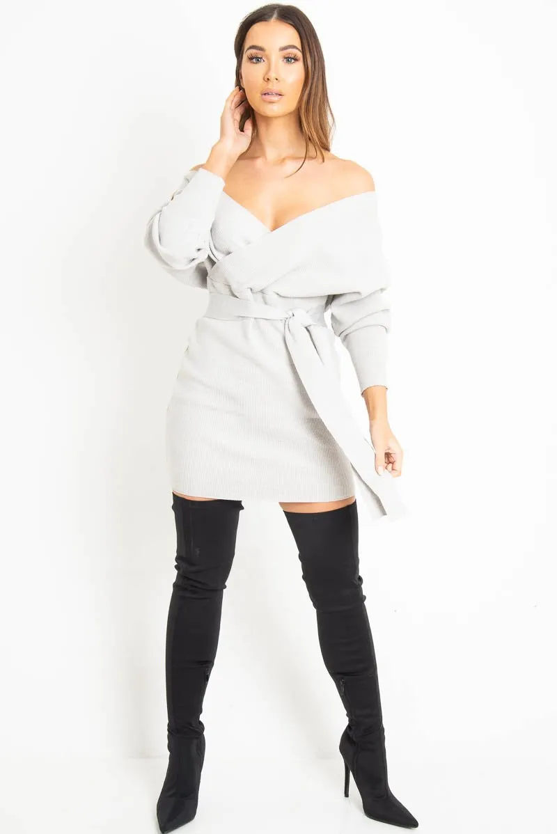 Grey Rib Belted Plunge Jumper Dress - Ember