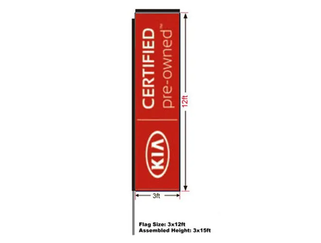 KIA Certified Preowned Automotive Swooper Boomer Rectangular Flag, Kit with 15' Pole and Ground Spike, 3'w x 12'h Flag, Full Color