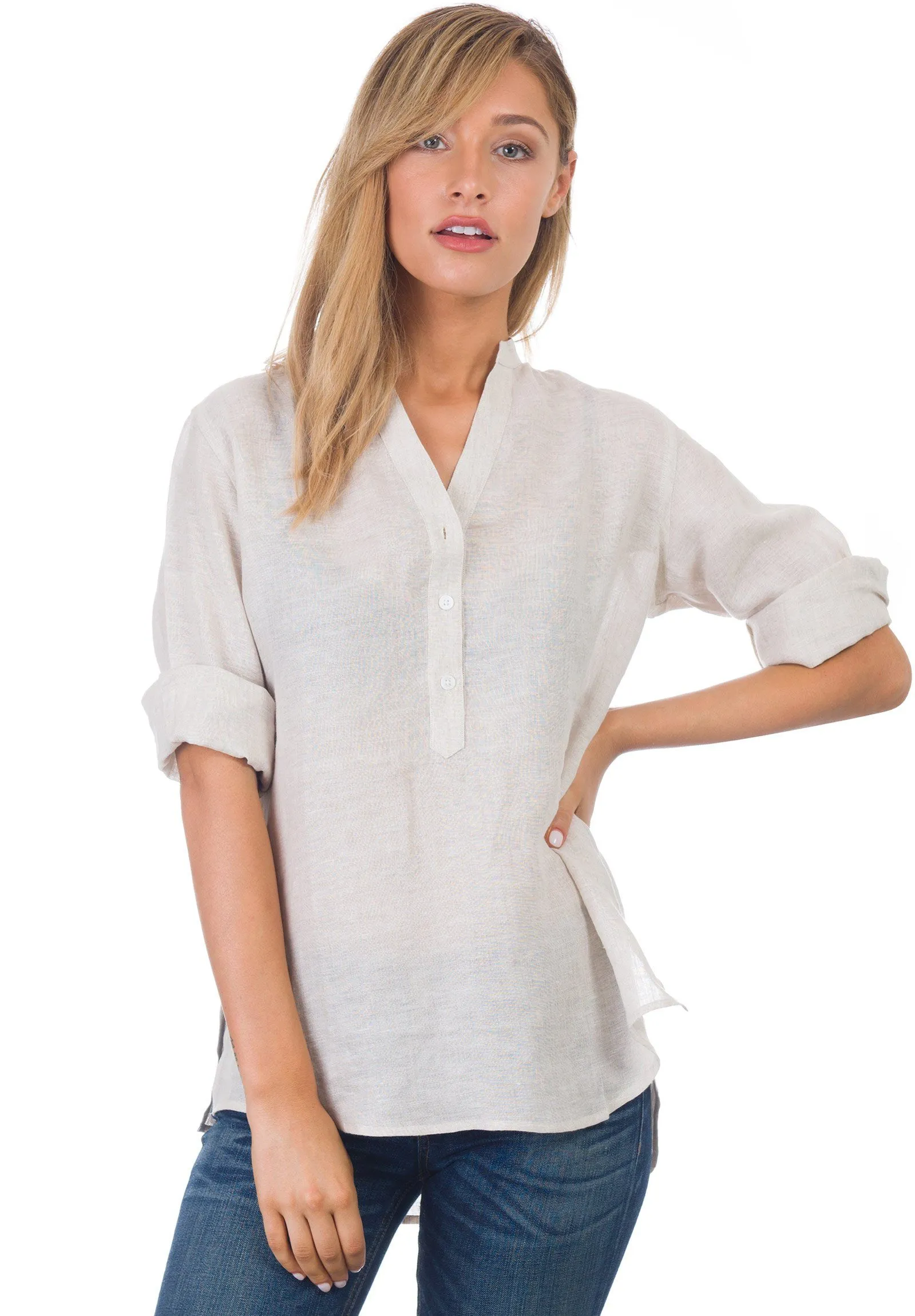 Kim, Oat Pop-Over Linen Tunic Shirt