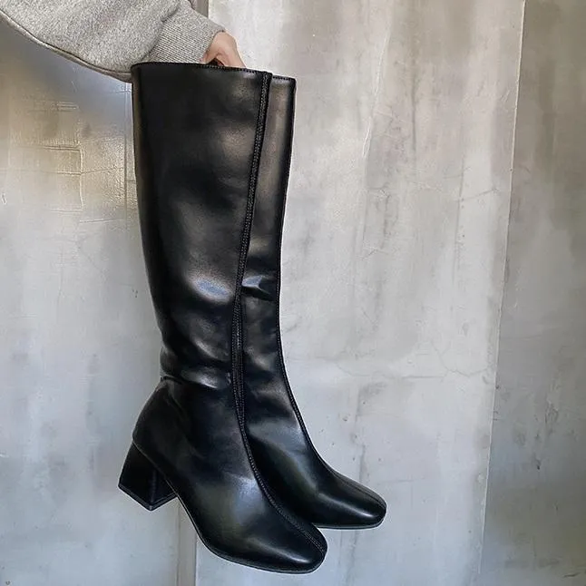 Leather Stitching Knee-High Chunky Heel Boots