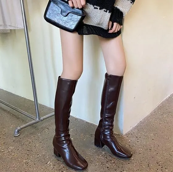 Leather Stitching Knee-High Chunky Heel Boots