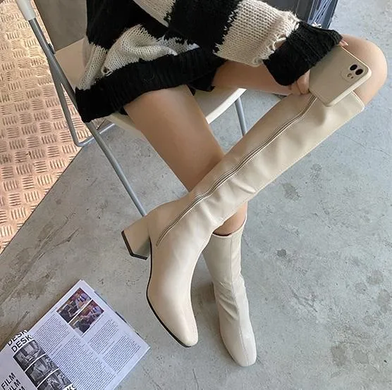 Leather Stitching Knee-High Chunky Heel Boots