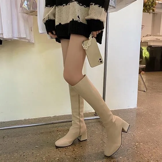 Leather Stitching Knee-High Chunky Heel Boots