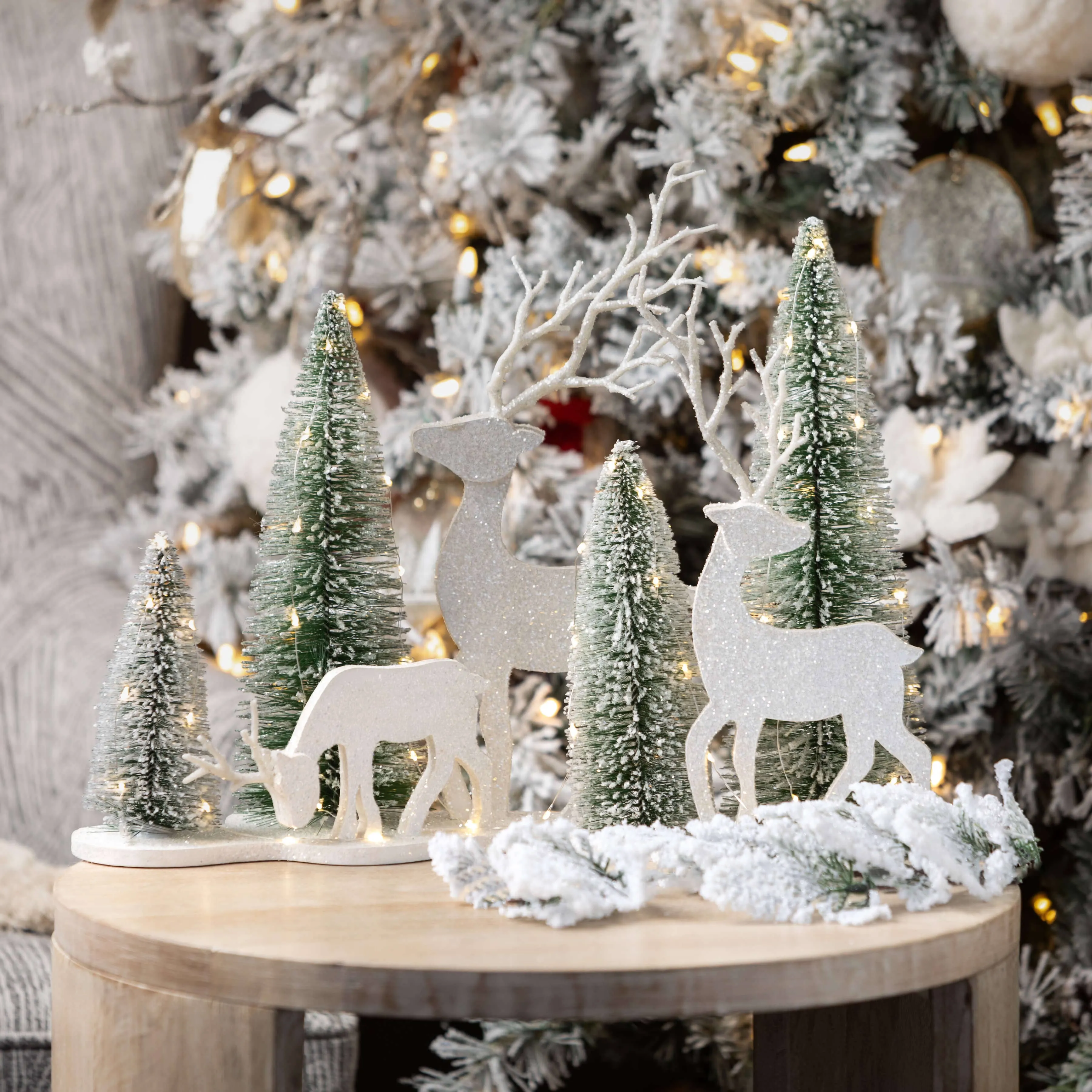 LED Bottlebrush Trees & Deer Decor