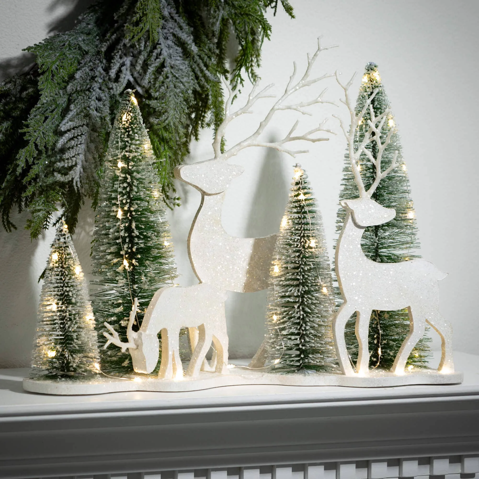 LED Bottlebrush Trees & Deer Decor