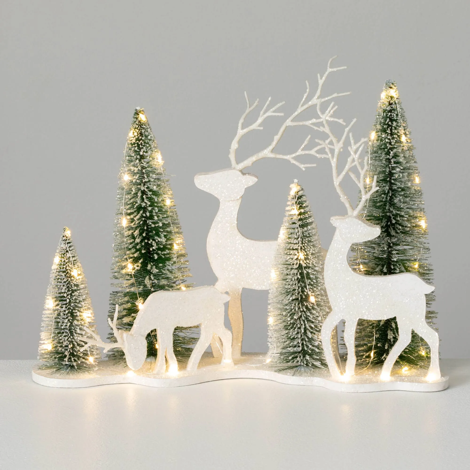 LED Bottlebrush Trees & Deer Decor