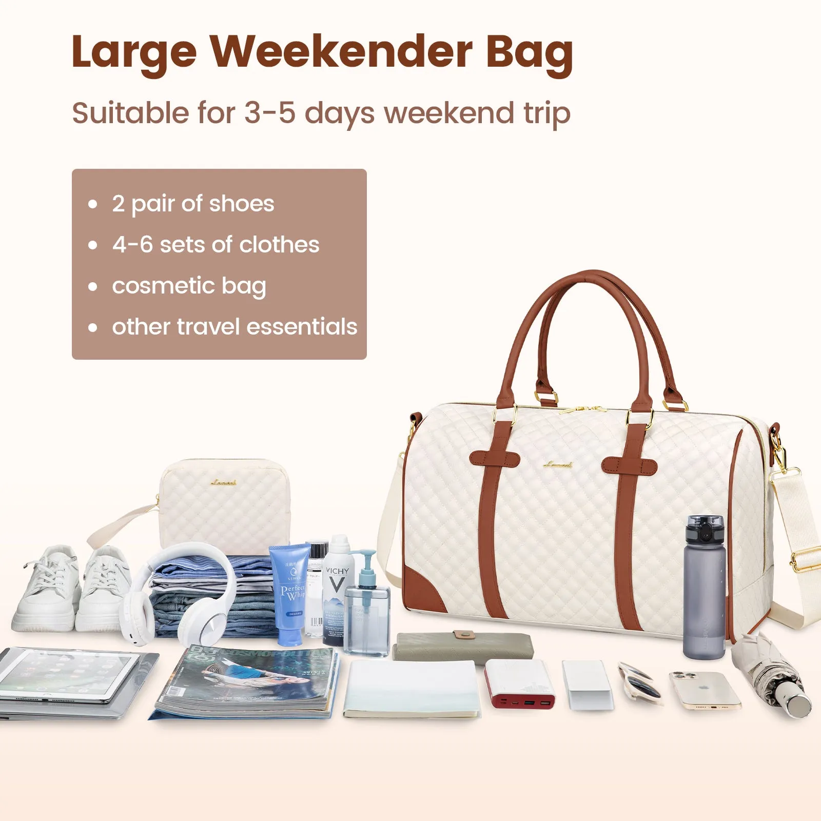 Lovevook All-in-One 3-Piece Beige & Brown Travel Set for Weekend Escapes