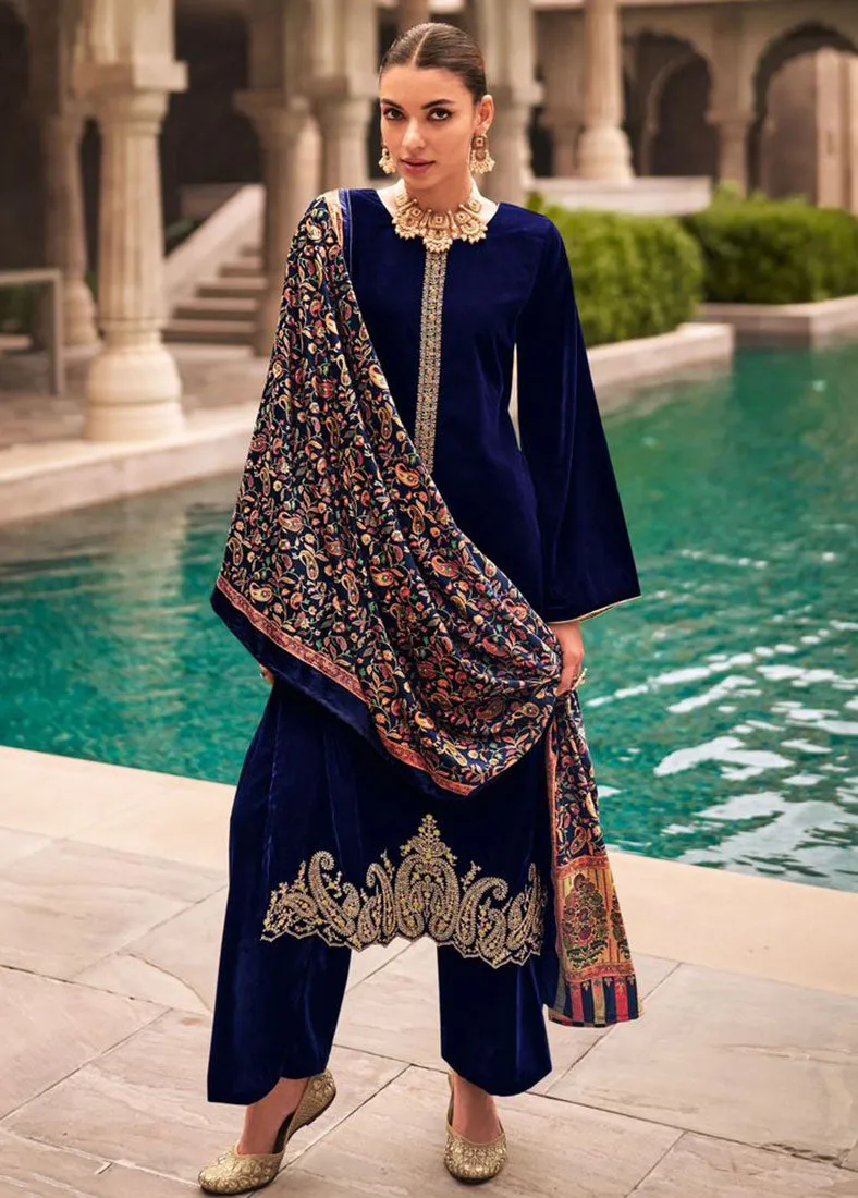 Mumtaz Arts Party Wear Blue Velvet Salwar Suit Dress Material Women