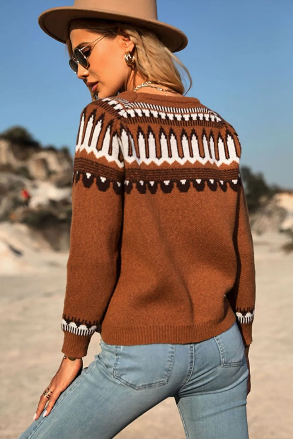 Perfee Woven Right Sweet and Casual Patterned Round Neck Sweater