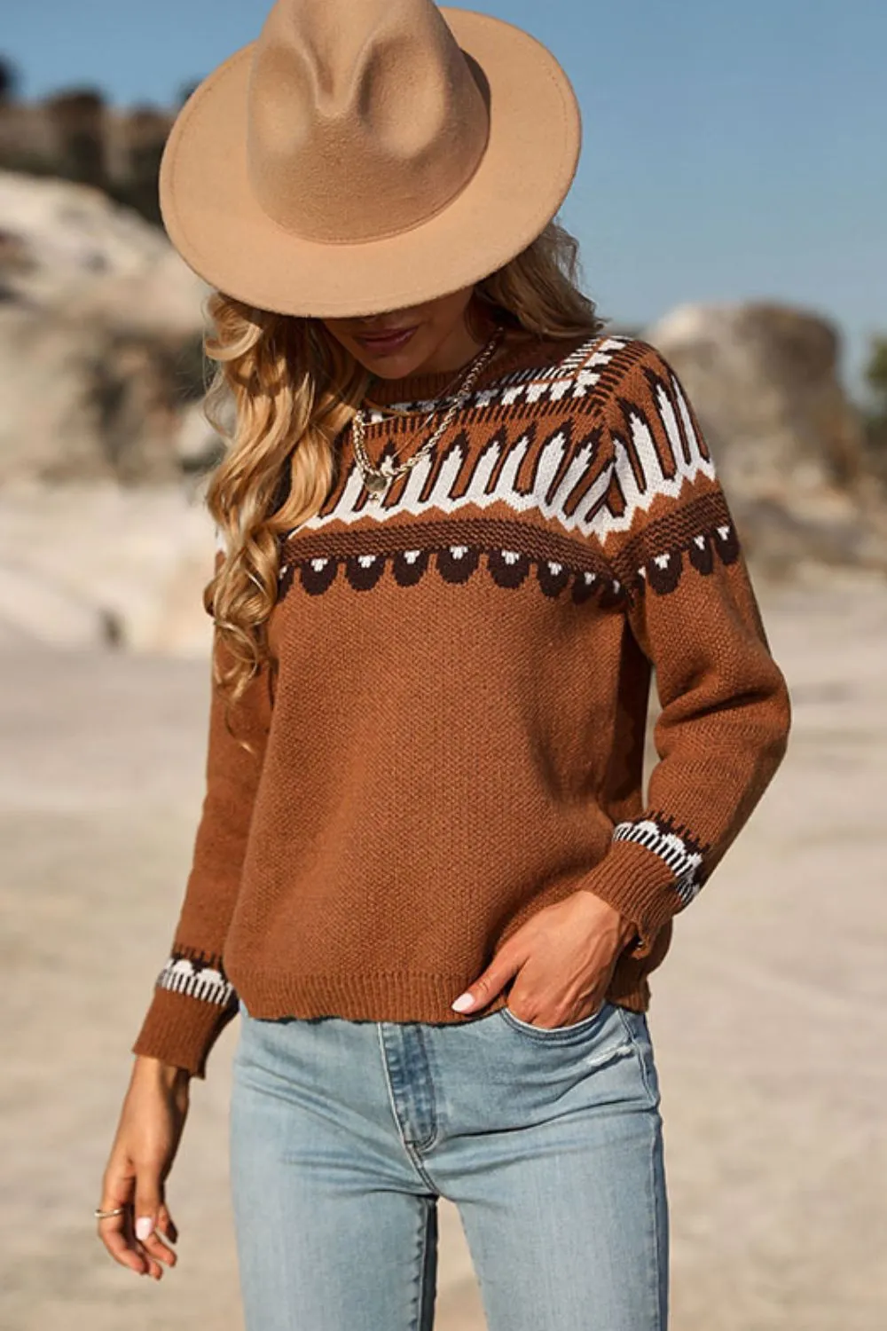 Perfee Woven Right Sweet and Casual Patterned Round Neck Sweater