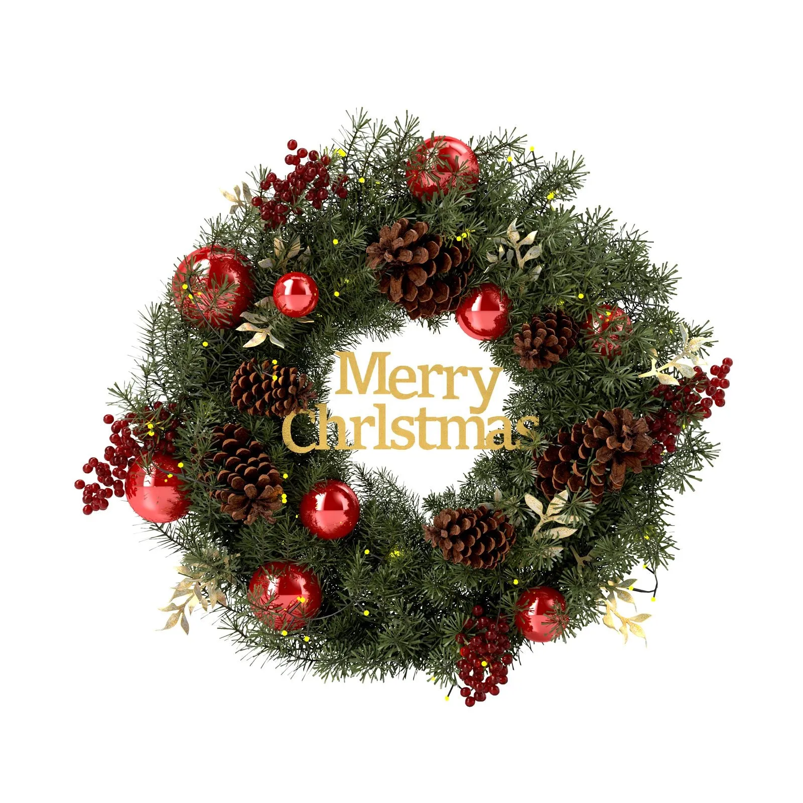 Quntis Merry Christmas Wreath with Lights, 16 Inch Pre-Lit Christmas Front Door Wreath with 8 Modes Timer, Artificial PineCones Red Berries Xmas Red Balls for Indoor Outdoor Fireplace Window Decor