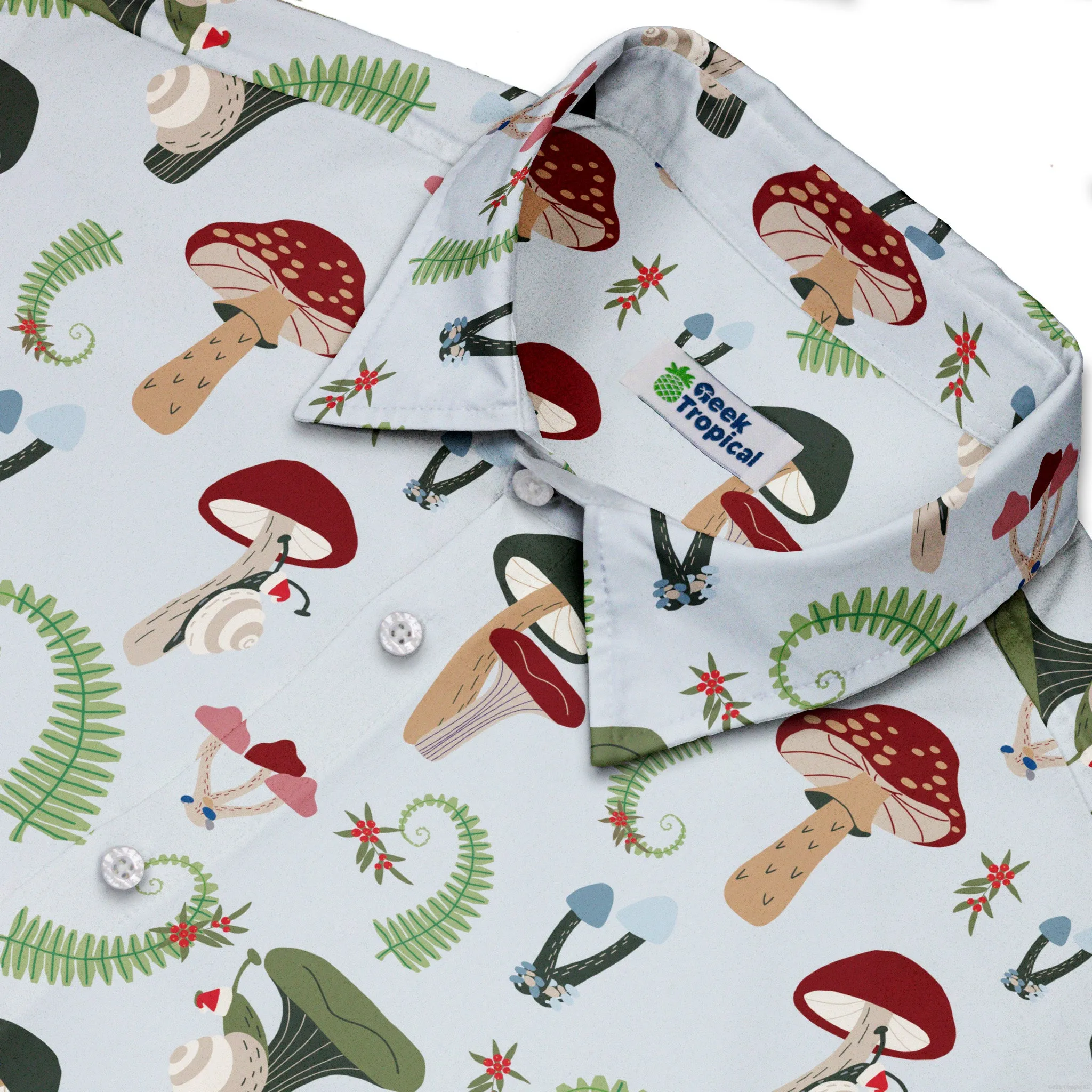 Santa Snails and Winter Mushrooms Button Up Shirt