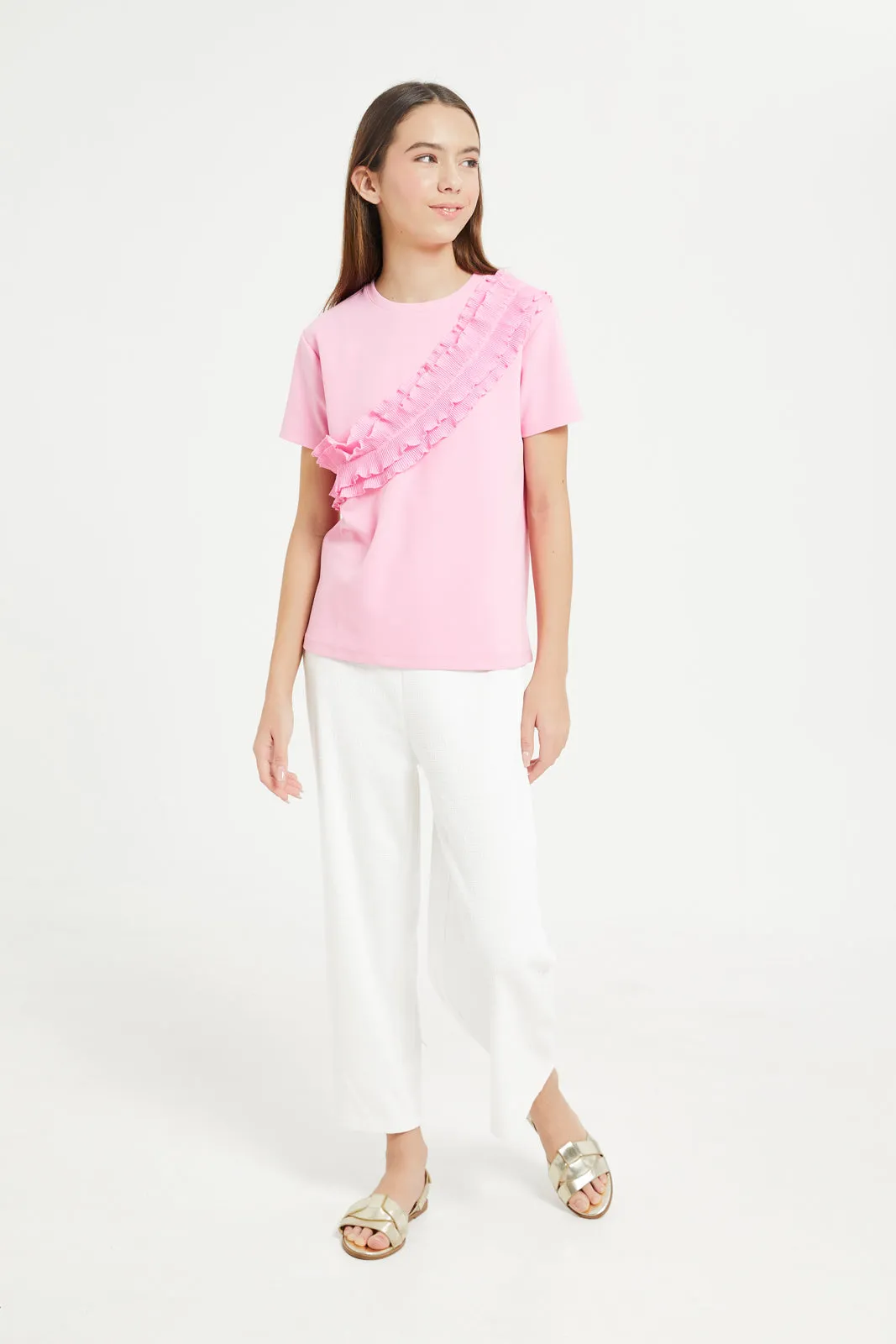 Senior Girls Pink Ruffled Front Top