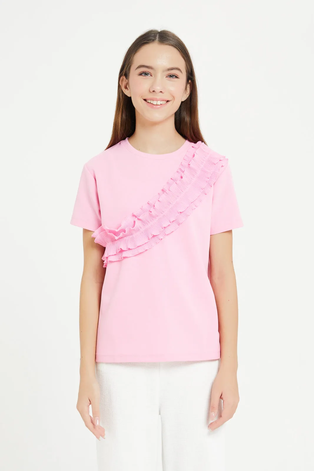 Senior Girls Pink Ruffled Front Top