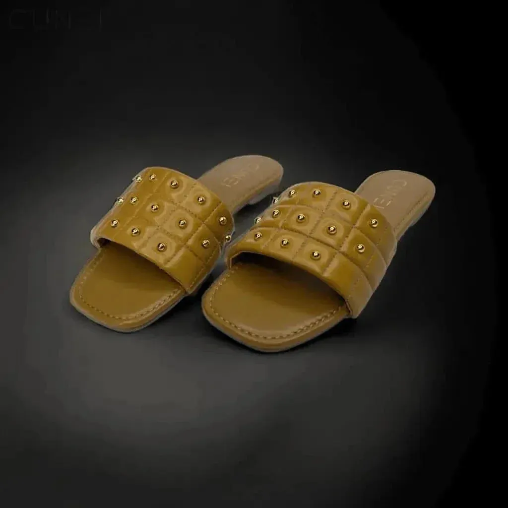 Tan Opulence Buttoned Slides