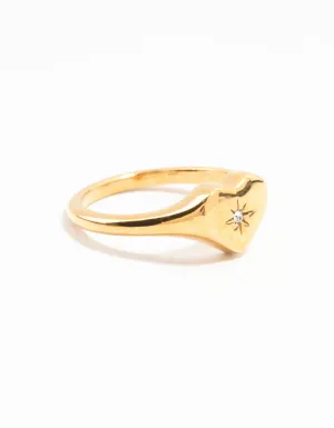 Waterproof Gold Plated Stainless Steel Cubic Zirconia Signet Ring