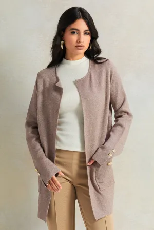 Women Beige Long Cardigan With Front Two Pockets