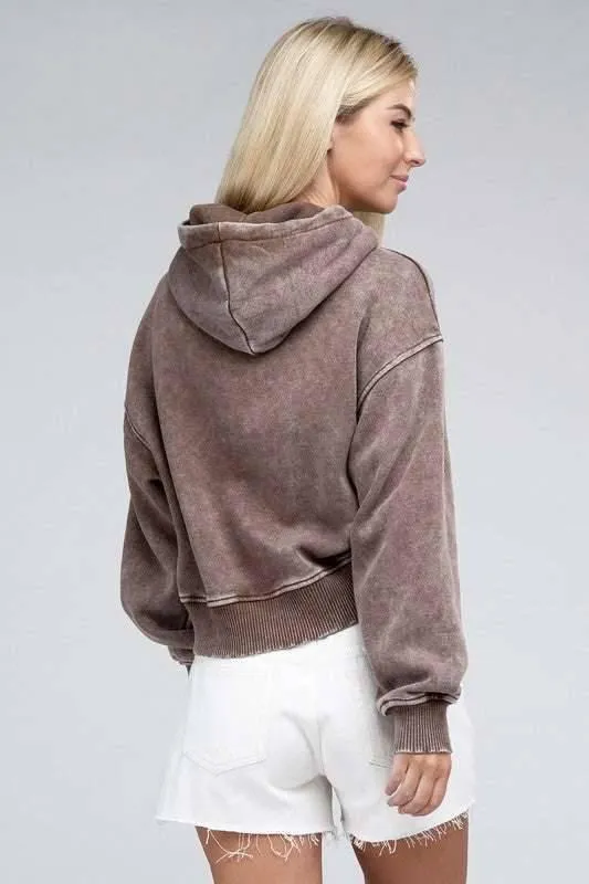 Zenana Acid Washed Cropped Hoodie